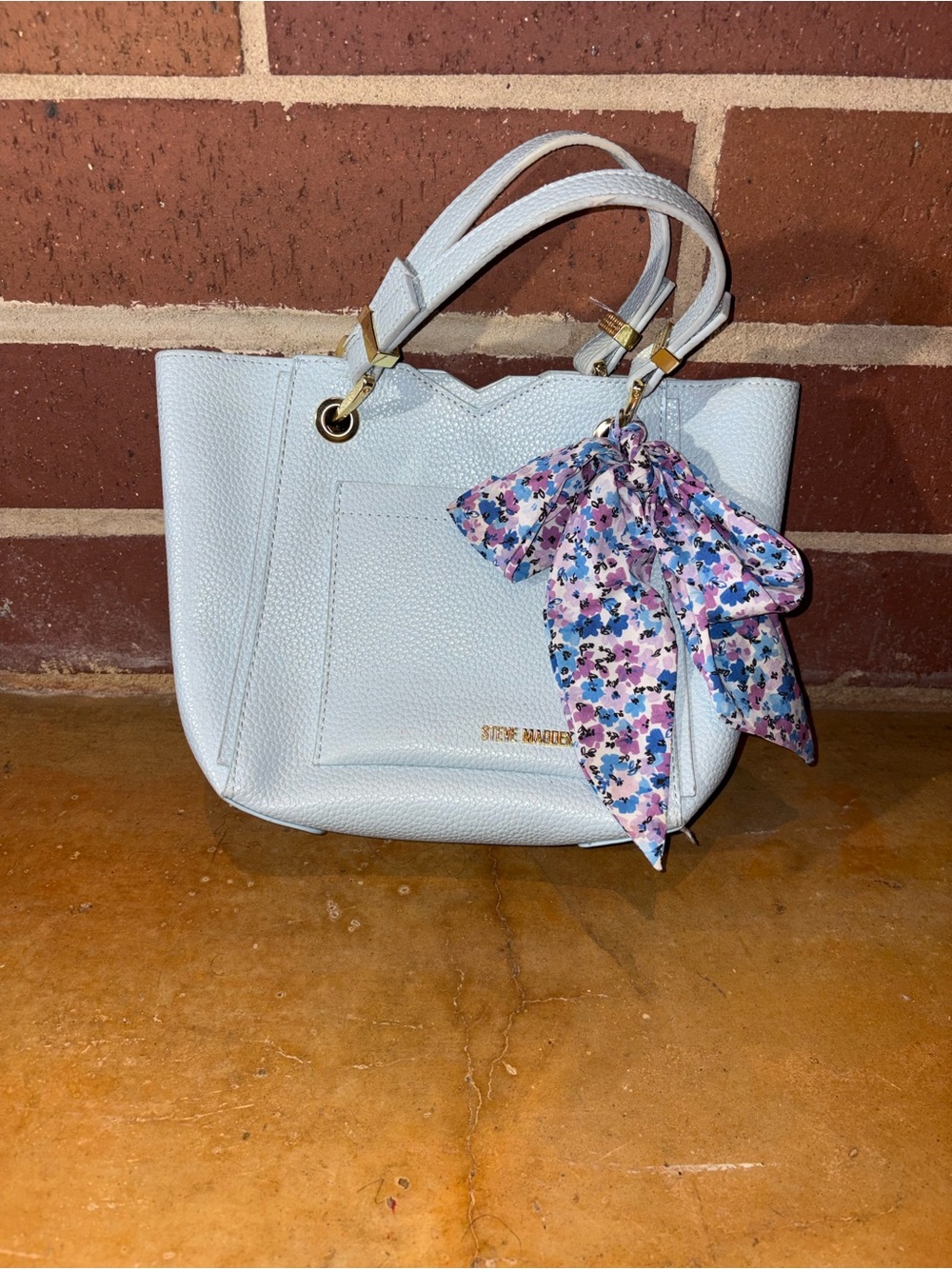 Steve Madden Light Blue Pebbled Tote with Floral Scarf Accent